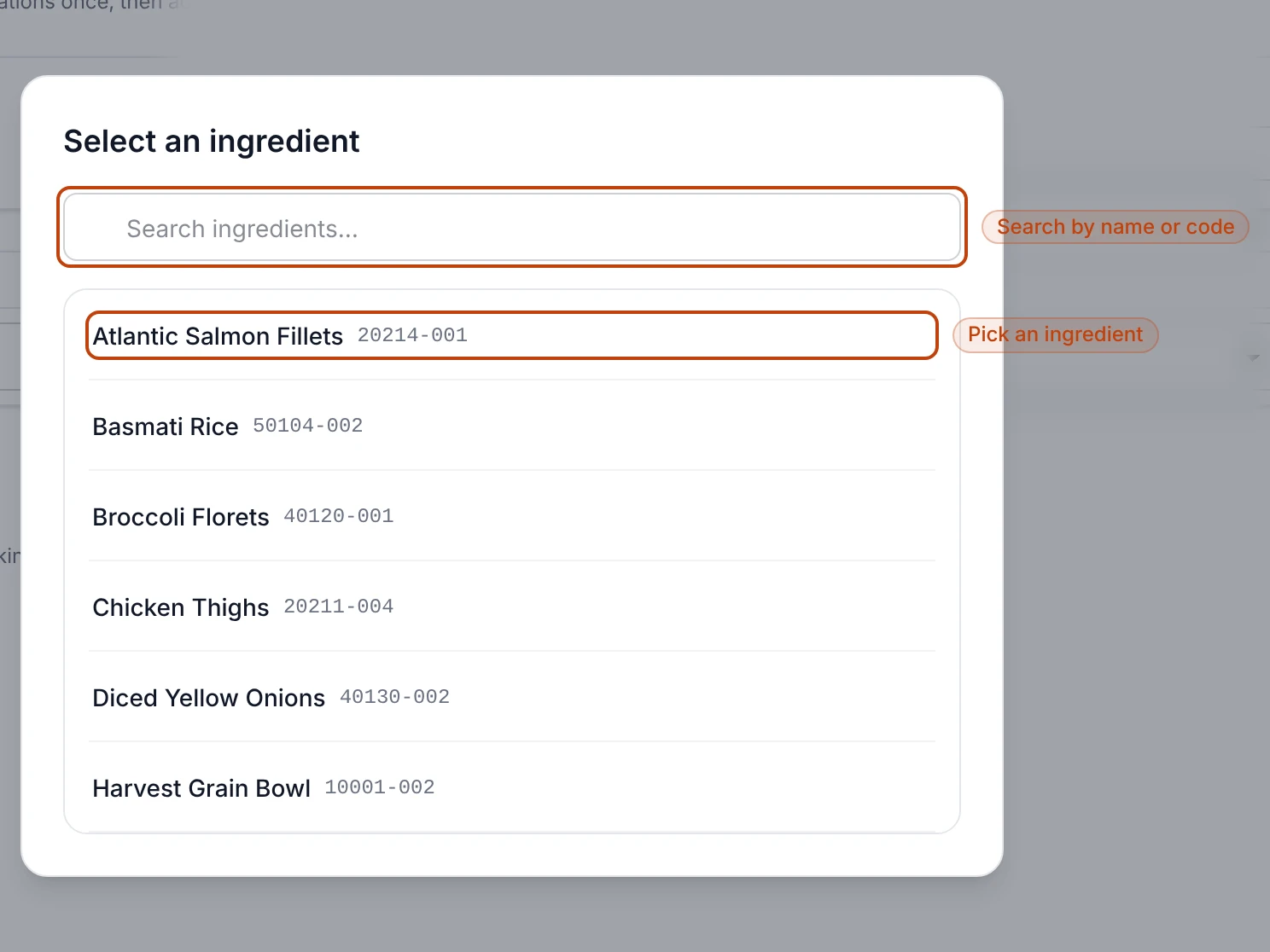 The ingredient picker on a manual pick: a search field over a list of products that have warehouse stock — salmon fillets, rice, broccoli, chicken thighs, onions, and a Harvest Grain Bowl pack — each shown with its product code.