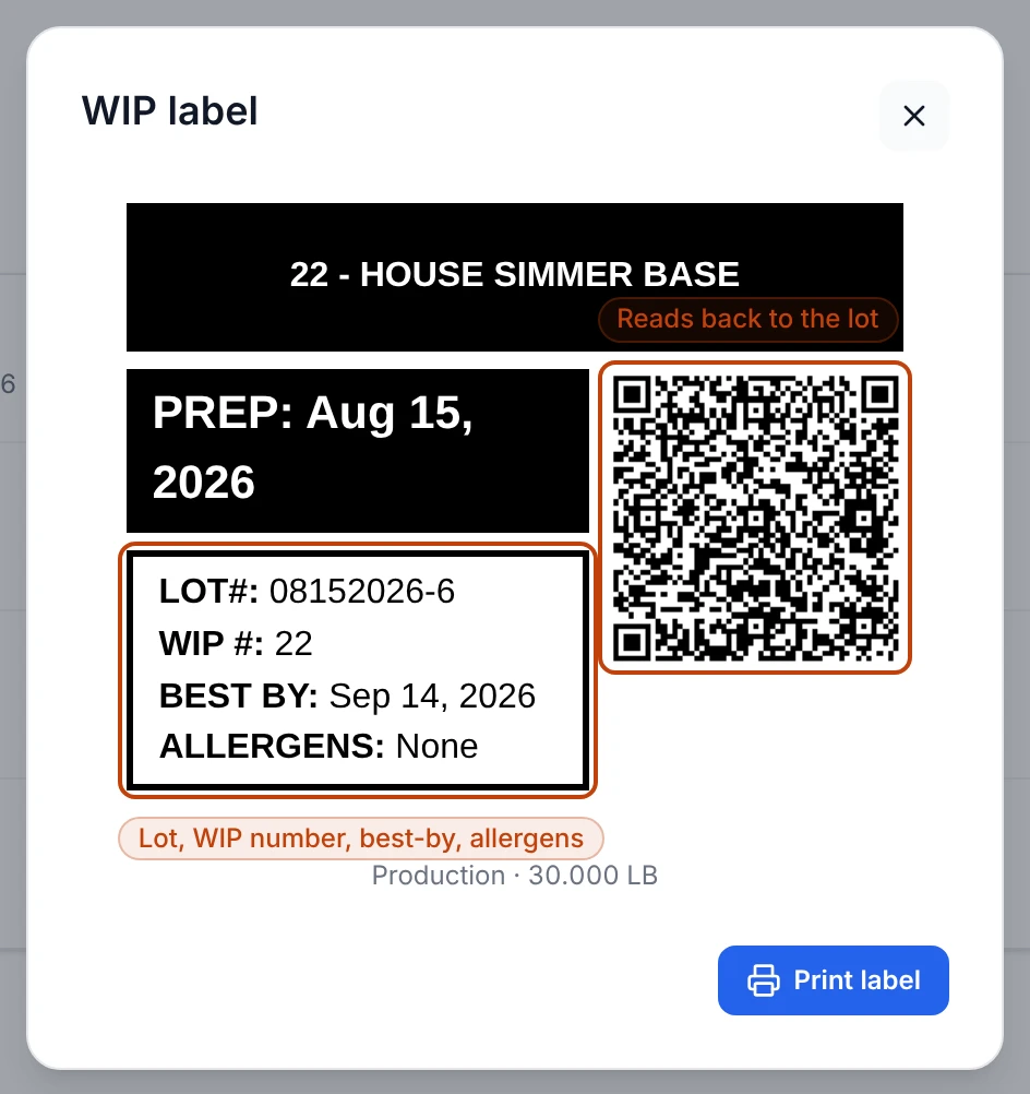 The WIP label dialog for a sub-recipe lot: a black header reading 22 - HOUSE SIMMER BASE, a PREP date tag, a bordered panel listing LOT#, WIP#, BEST BY, and ALLERGENS, and a QR code, above the department and on-hand quantity, with a Print label button.